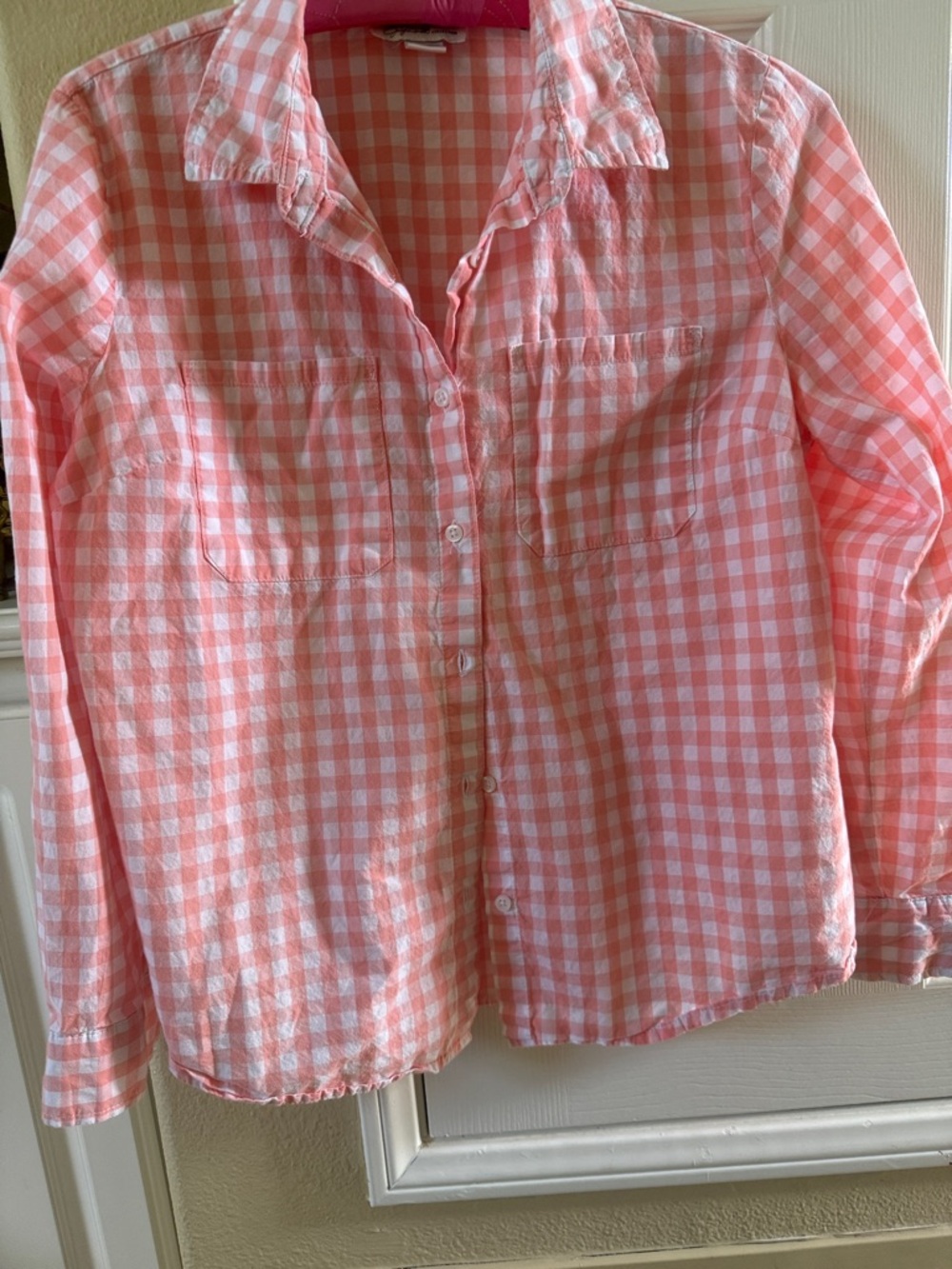 Coral Pink Gingham Button-Up Shirt cotton flannel size S